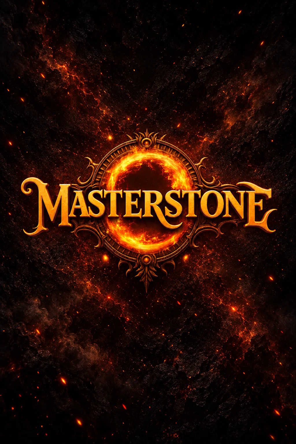 Masterstone gold title artwork around a blazing circular crest on a dark ember background.