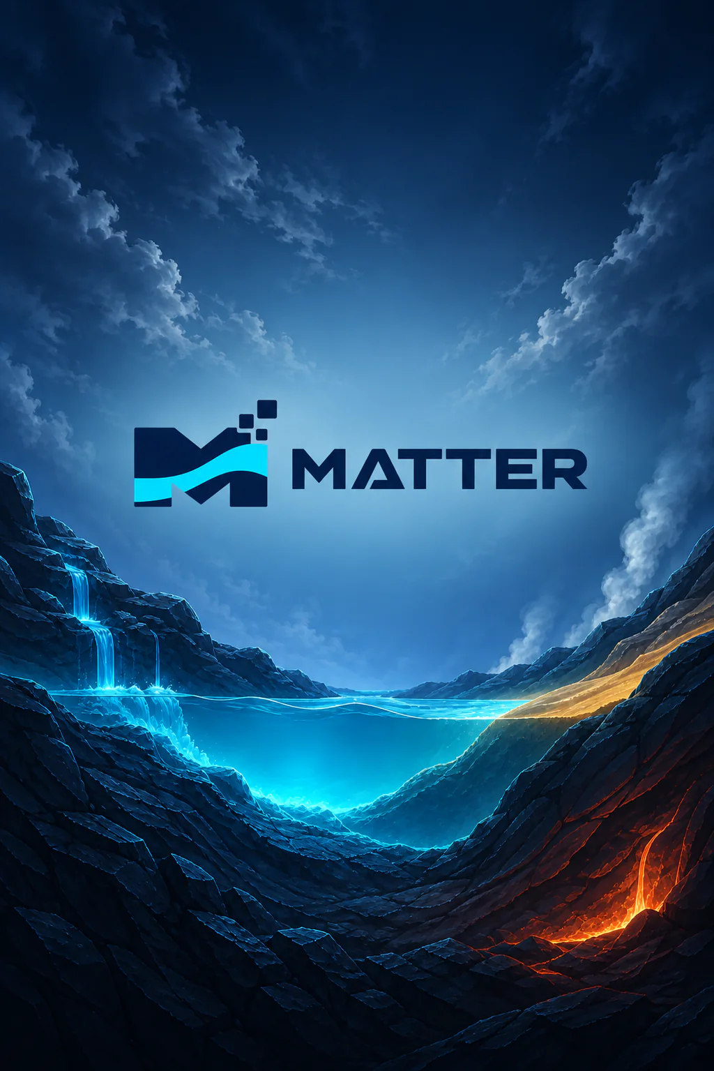 Matter navy and cyan title artwork above a reactive landscape of water, sand, rock, steam, and lava.
